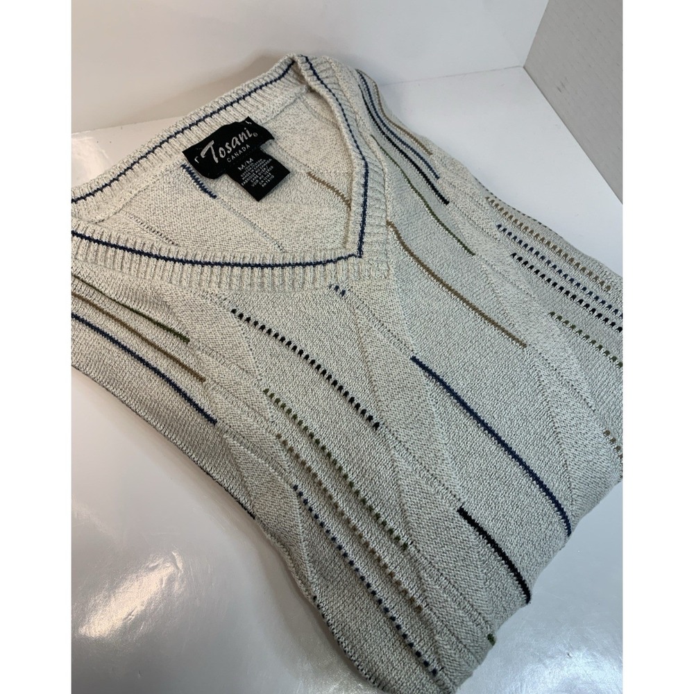 Vintage Tosani Canada 3D Knit Sweater Men's M Light Gray Striped Grandpa 90s Dad